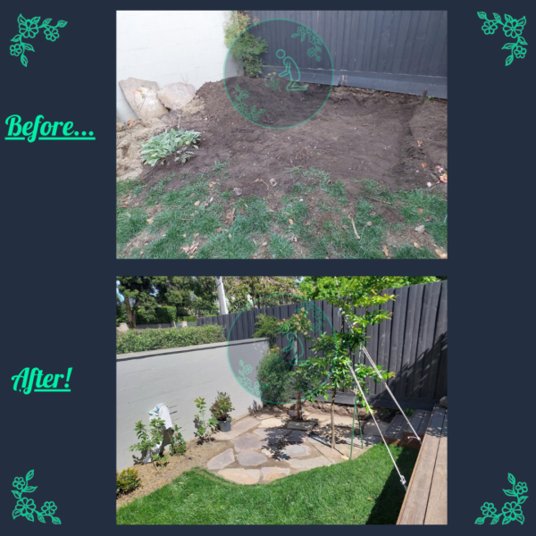 Before and after small flagstone patio installation and garden transformation