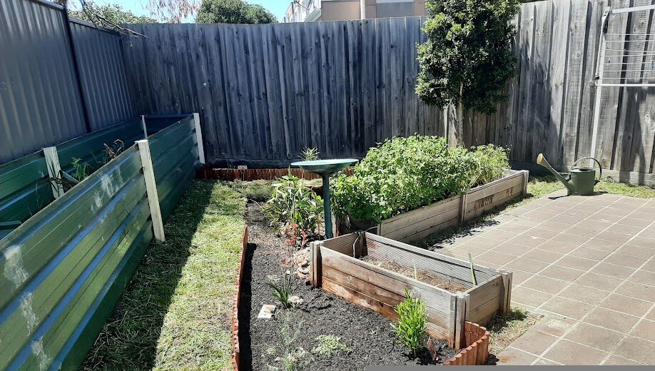 Garden beds weeded and cleared back to bare soil in a Melbourne garden