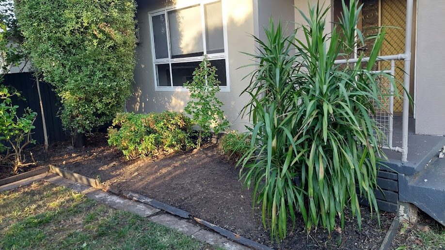 After: Side bed recovered. Grass and weeds cleared out of the bed and the edging re-laid.