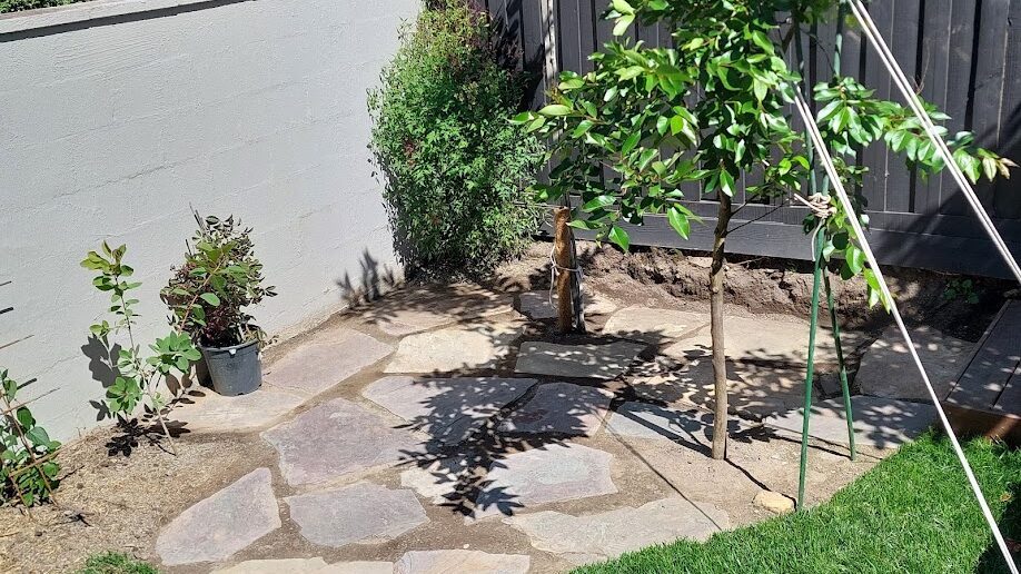 After: Flagstone paving. Bare, dug-over ground laid with flagstones and planted out.