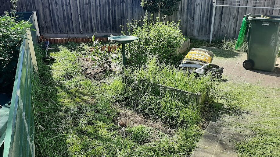 Before: Garden beds reset. Overgrown beds cleared and re-edged, then the soil turned over and replanted.