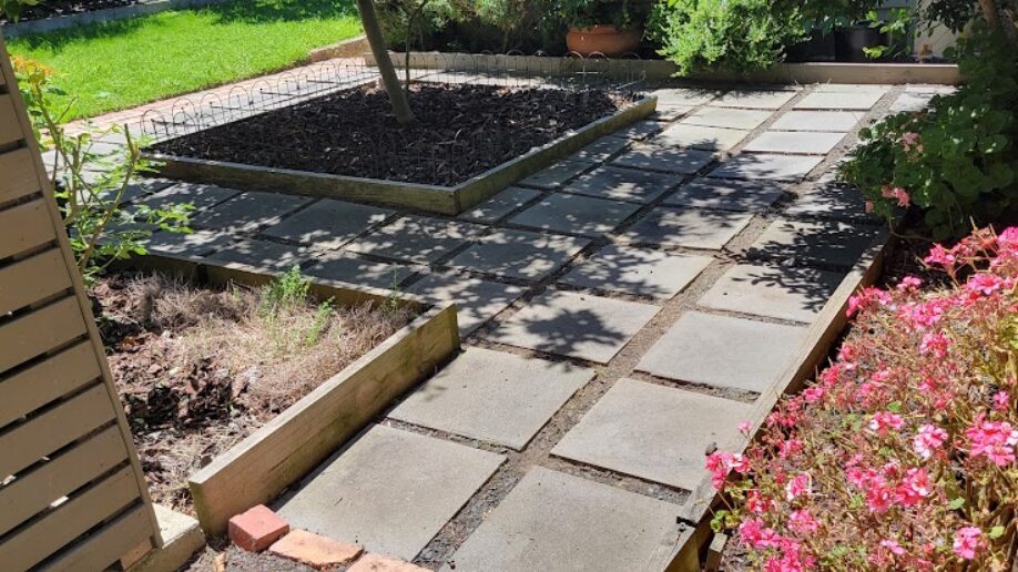 After: Paving cleared. Weed growth taken out of the paver joints and the raised bed re-mulched.